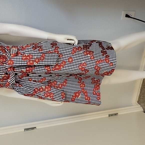 ADRIANNA PAPELL Retro Rockabilly Gingham Floral Button Tie Waist Shirt Dress - Picture 6 of 10